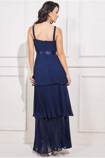 Pleated Chiffon Tiered Maxi Dress - Navy Goddiva